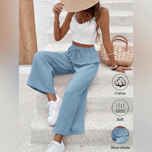 2 piece Lace Trim Crop Cami Top & Wide Leg Pants Apricot - Picture 4 of 6